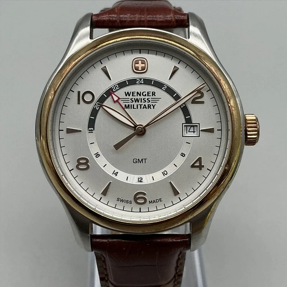 Wenger Swiss Military GMT Mens Watch 41mm Silver Tone Leather Swiss New Battery